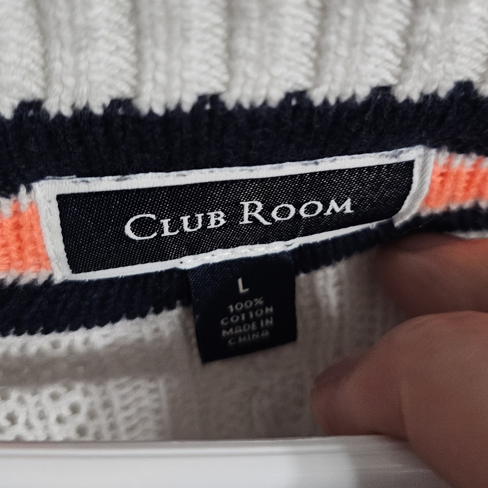 Club Room Mens Large White Cable Knit Cricket Sweater Preppy Varsity V Neck - Picture 5 of 6